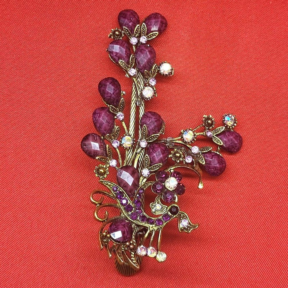 VTG Peacock Hair Clip Claw Purple Acrylic Stones Rhinestones Repaired